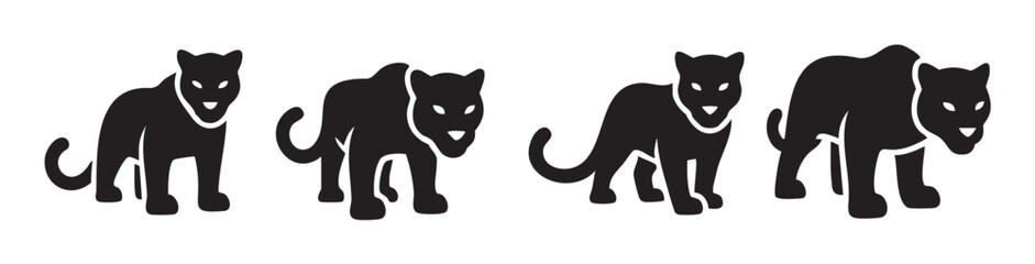Obraz premium Four black panther big cat animal silhouettes are depicted in various dynamic poses, showcasing their powerful and sleek forms as iconic wild creatures.
