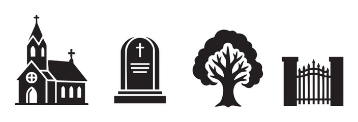 Church, gravestone, tree, and gate icons depicting essential elements of a cemetery or funeral service in a clean, minimalist black silhouette design.