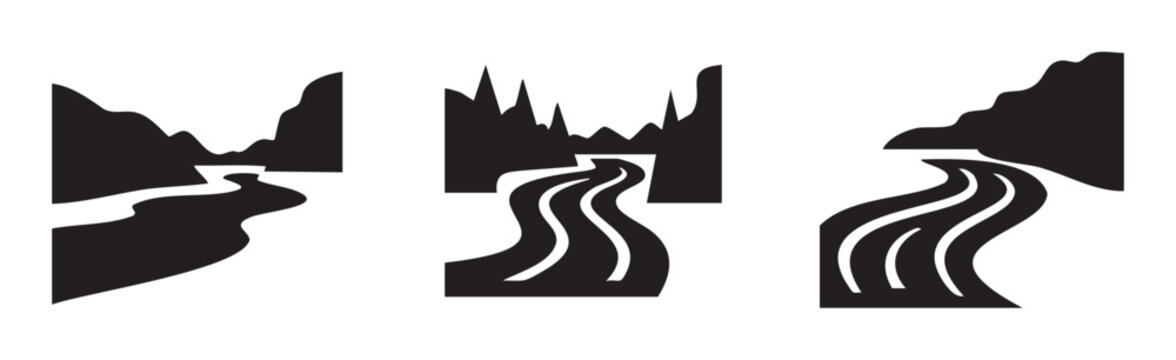 Rivers flowing through mountainous terrain are depicted in a set of three stylized vector illustrations, showcasing different natural environments.