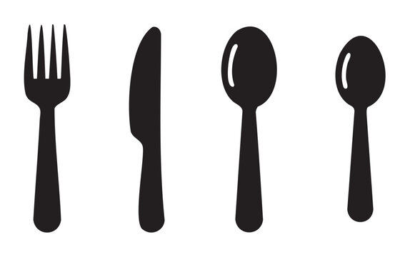 Four black silhouettes of kitchen cutlery utensils, including a fork, knife, tablespoon, and teaspoon, arranged neatly in a simple, modern vector style.