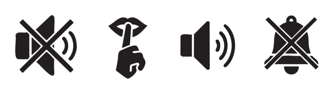 Mute speaker shush bell icons representing sound control, silence, and notification settings for digital interfaces and user experience.