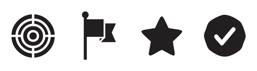 Obraz premium Target flag star checkmark icons set representing achievement, success, quality, and important milestones in a clean, modern graphic design.