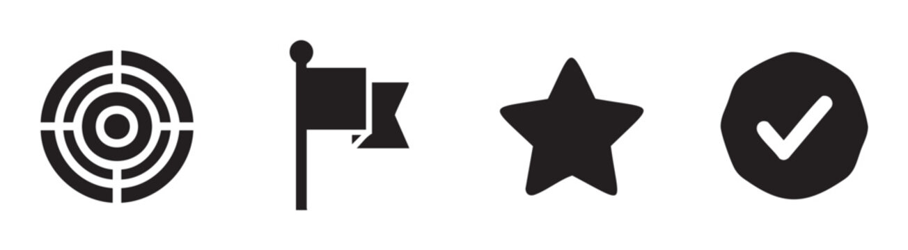 Target flag star checkmark icons set representing achievement, success, quality, and important milestones in a clean, modern graphic design.