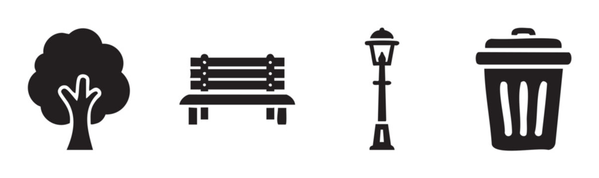 Tree, bench, lamppost, and trash can icons represent common elements found in a public park or outdoor recreational area, perfect for urban planning designs.