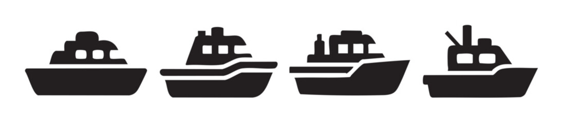 Obraz premium Four different black silhouette boats representing various types of marine transportation, water travel, and nautical journey icons for web design and applications.