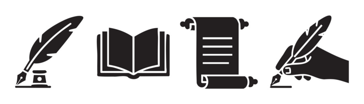 Quill pens, open books, and ancient scrolls are classic symbols of literature, education, and the enduring power of written communication.
