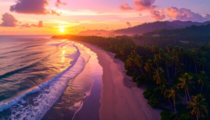 Stunning aerial shot of a tropical beach at sunset, showcasing golden sands, lush palm trees, and ocean waves beneath a vibrant, colorful sky, creating a picturesque coastal landscape