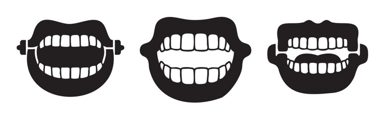 Open mouths with teeth in various positions, depicted as a set of stylized black and white vector icons representing dental health and oral care.