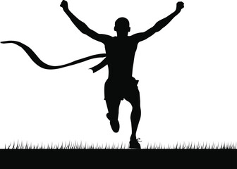 Silhouette of a runner breaking the finish line tape with arms raised in victory