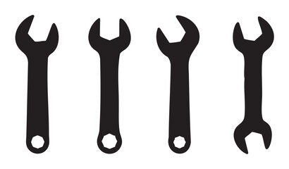 Four black silhouettes of various wrenches are displayed horizontally in a row, representing essential equipment for repair and maintenance tasks.