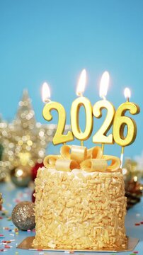 Happy New Year 2026, seamless loop of cute cake with golden ribbon with candle number 2026 for new year celebrate party was lit. decorate with Christmas ornament at blue background, vertical