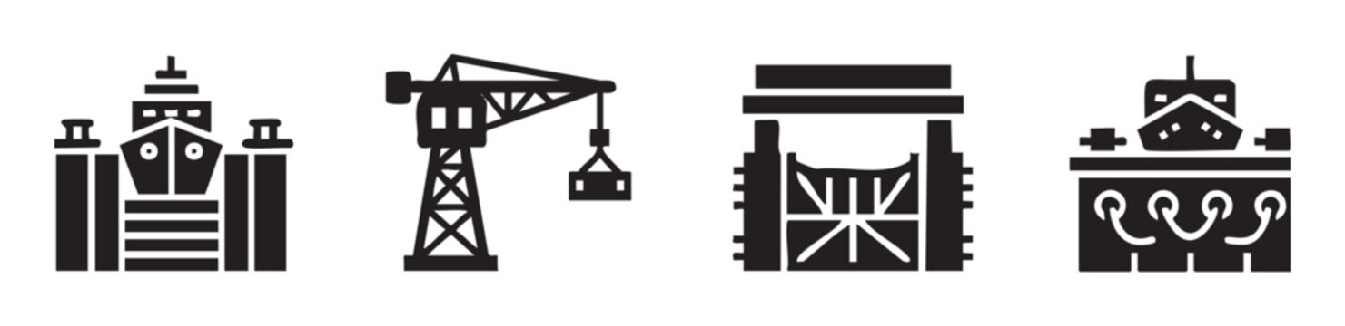 Maritime and port icons representing shipping, logistics, and navigation activities, including a docked ship, a crane, a canal lock, and a vessel on water.