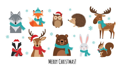 Naklejka premium Collection of cute forest animals wearing winter scarves and hats for merry christmas greetings on white background.