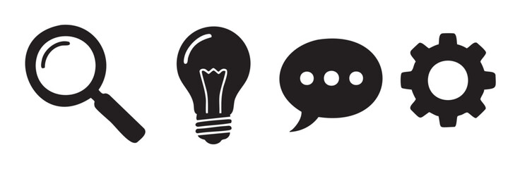 Magnifying glass, light bulb, speech bubble, gear icons collectively represent various aspects of business strategy, problem-solving, and digital interaction.