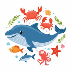 Obraz premium Cartoon illustration of a dolphin surrounded by other sea creatures.