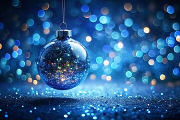 Glowing Blue Glitter Christmas Ornament Hanging on Dark Blue Background - Festive Holiday Decoration