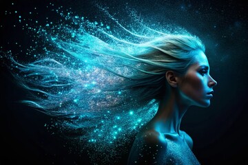 Glowing Blue Particle Hair Woman Silhouette - Dark Background Stock Photo