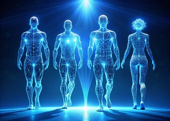 Glowing Blue Wireframe Human Forms: Evolution, Technology, Growth, Innovation