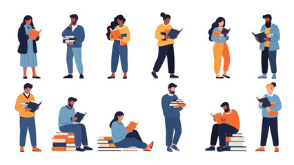 Diverse group of people standing and sitting while reading various books isolated on white background for library themes.
