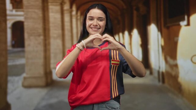 Young hispanic woman wearing a spanish soccer team jersey forms a heart with her hands while smiling in a sunlit arched building corridor; team pride.