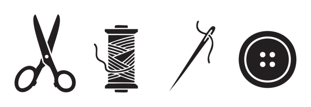 Sewing tools and accessories icons featuring scissors, a spool of thread, a needle, and a button, representing tailoring and craft supplies.