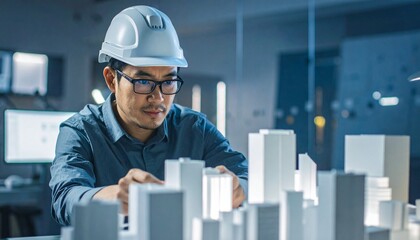 Focused architect in a safety helmet meticulously designing a detailed miniature city model, symbolizing urban planning and innovative development in a modern design studio