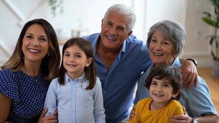 Family Gathering: A Happy Moment with Four Generations of Smiling Faces in a Bright Living Room