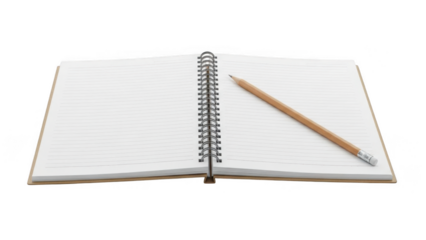Open notebook with pencil isolated on transparent background