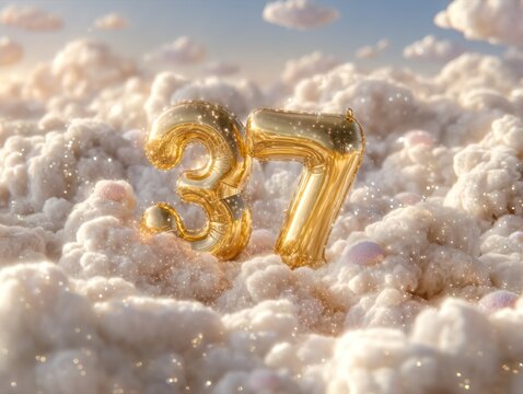 Golden balloon number 37 floating in the clouds