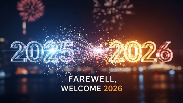 New year transition conceptual design featuring fireworks and numbers displaying year change - Powered by Adobe