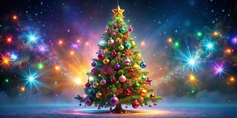 Glowing Multicolored Christmas Tree with Star, Holiday Greeting Card Background Stock Photo