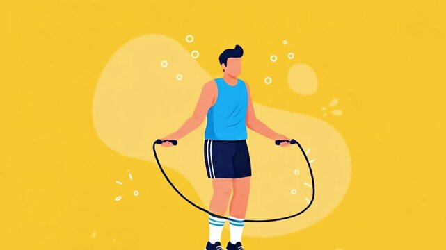 Man Exercising with Jump Rope on Yellow Background.