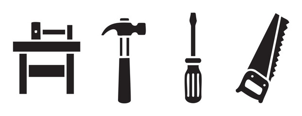 Obraz premium Workbench, hammer, screwdriver, and saw are iconic hand tools commonly used for building, repair, and woodworking projects, rendered as simple black silhouettes.