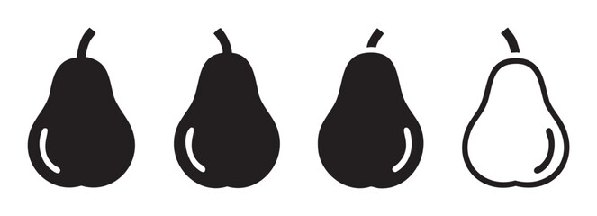Four minimalist pear icons representing fruit and healthy eating, depicted in various black silhouette and outline styles for graphic design elements.