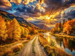 Golden Autumn Sunset Landscape: Majestic Fall Scenery, Premium Nature Photography