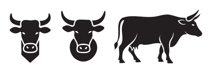 Cows cattle livestock animal silhouettes are depicted as a collection of iconic black vector illustrations ideal for branding and agricultural design projects.