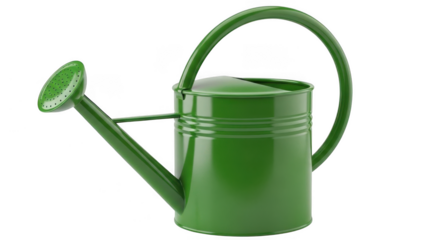Green metal watering can isolated on transparent background