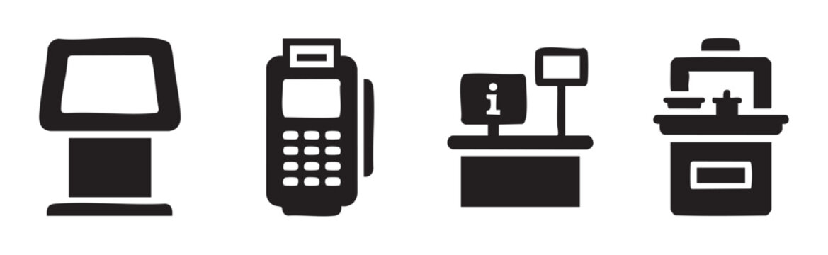 Retail equipment icons set featuring various payment terminals, self-service kiosks, and checkout counters for modern shopping experiences and customer service.