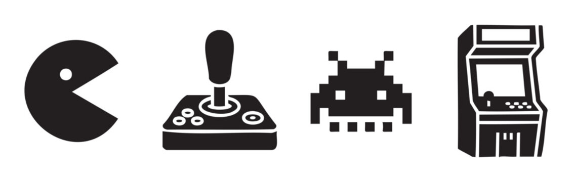 Retro video game icons and elements showcase classic arcade gaming culture with a character, joystick, pixelated alien, and arcade cabinet.