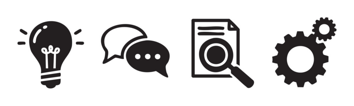 Business process icons representing ideas, communication, analysis, and development illustrate key stages in problem-solving and project execution.
