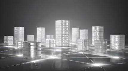 Monochrome Abstract Cityscape with Geometric Buildings and Glowing Network Lines on Dark Background
