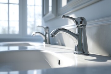 Bathroom sink with chrome faucet focus on water fixture