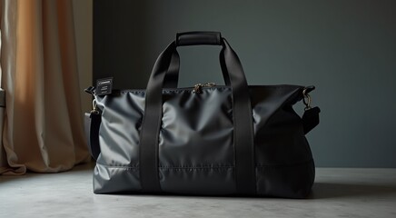 Black bag sitting on a table next to a window