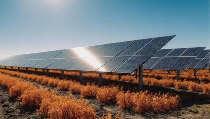 Solar panels generating clean energy in a field under a bright sky.