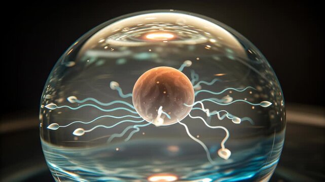 Embryo and Sperm concept ,Fertilization sperm swimming toward egg conception reproductive cell biology science medical closeup glowing hope