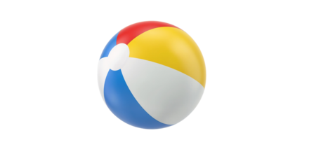 Bright beach ball floats in mid-air during a sunny day at the beach near the ocean and sandy shore with people playing nearby