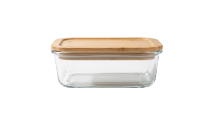 Clear glass container with bamboo lid for food storage in a kitchen setting on a counter