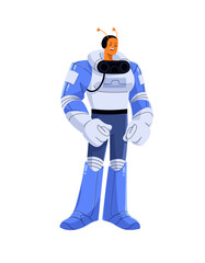 Happy alien in spacesuit stands and smiles. Friendly character of extraterrestrial monster. Humanoid, astronaut from UFO. Spaceman from universe, space. Flat isolated vector illustration on white