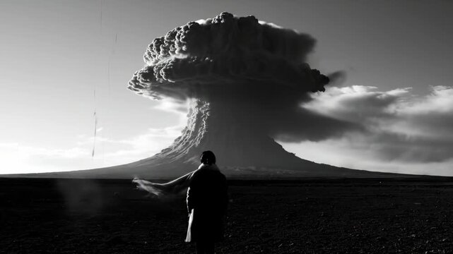 Woman photographer with large format camera watches volcano eruption. Massive ash cloud rises from erupting volcano. Photographer captures volcanic explosion in desert. Black and white volcano