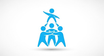 A blue and white abstract design featuring a pyramid of people, with a white background and a shadow effect.